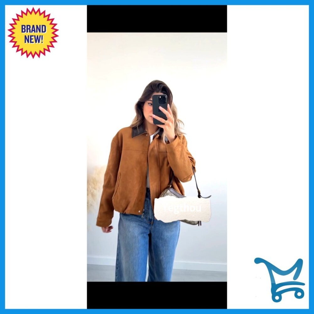 Oversized Faux Suede Bomber Jacket Cropped Lapel Zip Up Streetwear - Picture 6 of 6